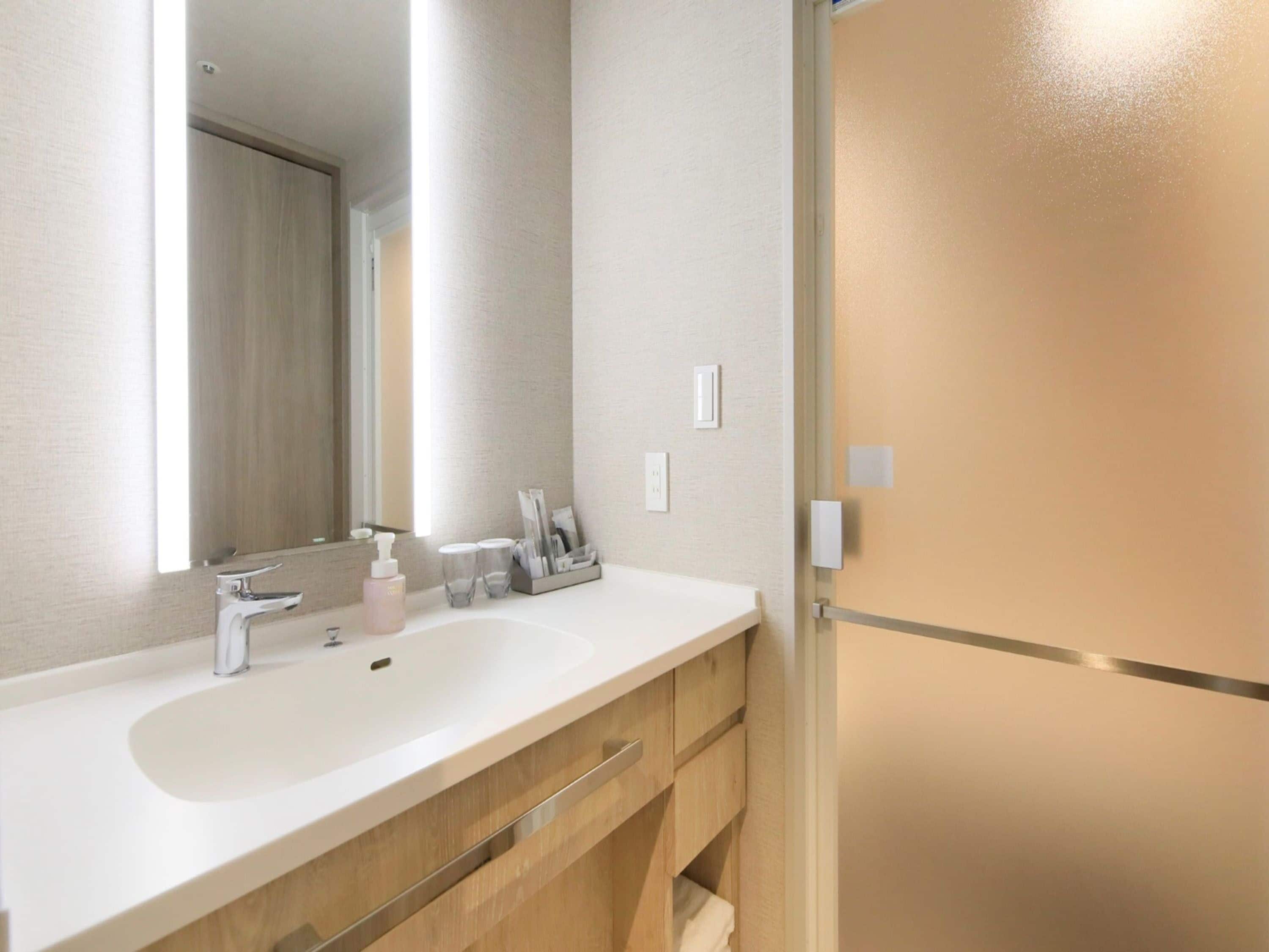 A bathroom with a white sink, a mirror, and a frosted glass door.