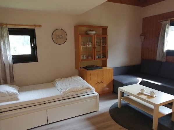 A small, cozy room with a single bed, a wooden cabinet with glass doors, a sofa, and a small table.