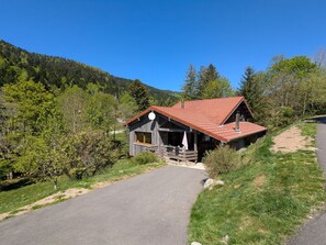 A wooden cabin with a red roof, a porch, and a paved driveway.