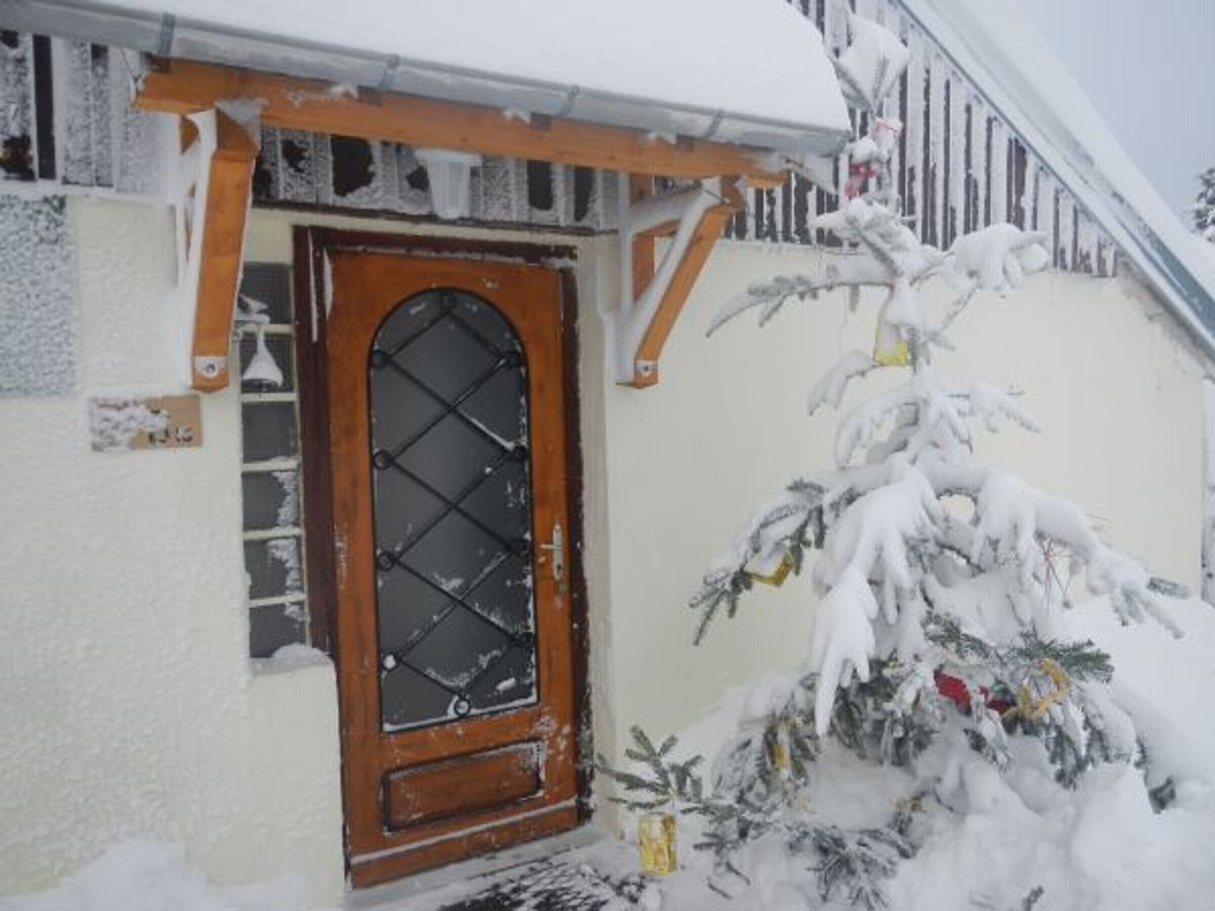 A snow-covered house with a wooden door and a small Christmas tree.