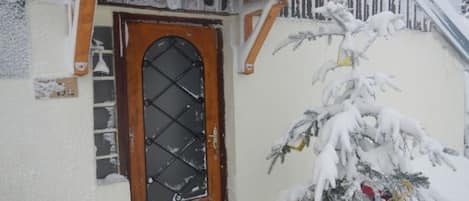 A snow-covered house with a wooden door and a small Christmas tree.