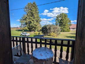 A balcony with a view of a grassy area, trees, and a parked car.