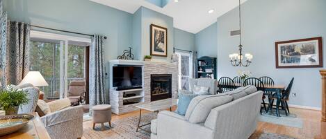 TV, fireplace, Hulu, books