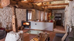 Smart TV, fireplace, books