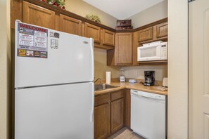 Fridge, microwave, dishwasher, coffee/tea maker