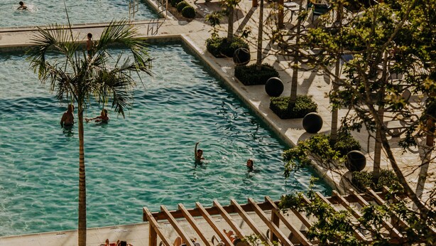 Ein Pool im Freien mit Schwimmenden, umgeben von Palmen und einer Pergola.