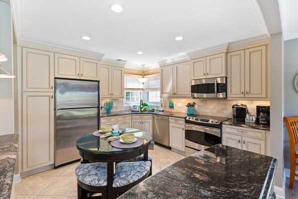 Fridge, microwave, dishwasher, coffee/tea maker