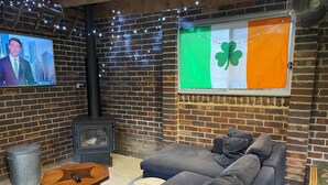 A cozy living room with a brick wall, a television, a fireplace, and a couch. - ☘️"KILMEEDY" Take time to smell the roses🌹 in Bowral-Walk to town-Pet friendly. (Bowral)