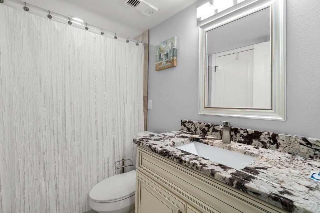 A bathroom with a white toilet, a shower curtain, a marble sink, and a mirror.