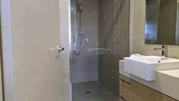 Shower, hair dryer, towels