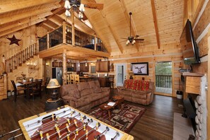 Smart TV, fireplace, foosball