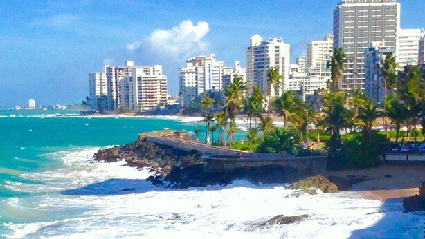 A coastal cityscape with high-rise buildings, a rocky shoreline, and palm trees. - The Happy Place (San Juan)