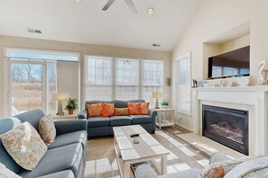 テレビ、暖炉、DVD プレーヤー