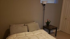 A bedroom with a bed, pillows, a nightstand with a plant, a floor lamp, and a door.