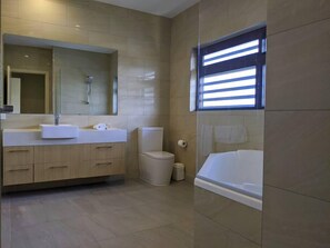 Combined shower/bathtub, hair dryer, towels