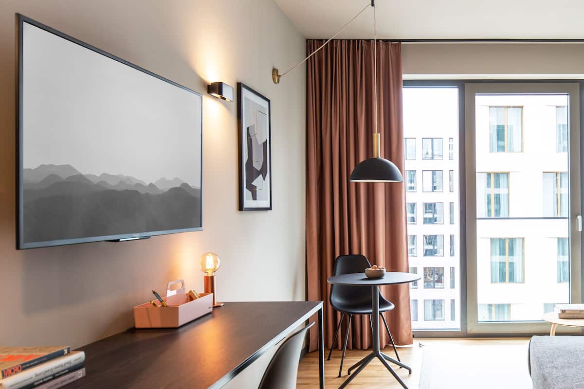 Apartment Smart | Living area | 43-inch flat-screen TV with digital channels, TV, heated floors