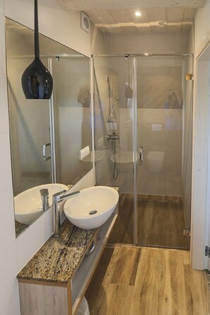 Deluxe studio (1) | Badkamer | Een douche, handdoeken, toiletpapier
