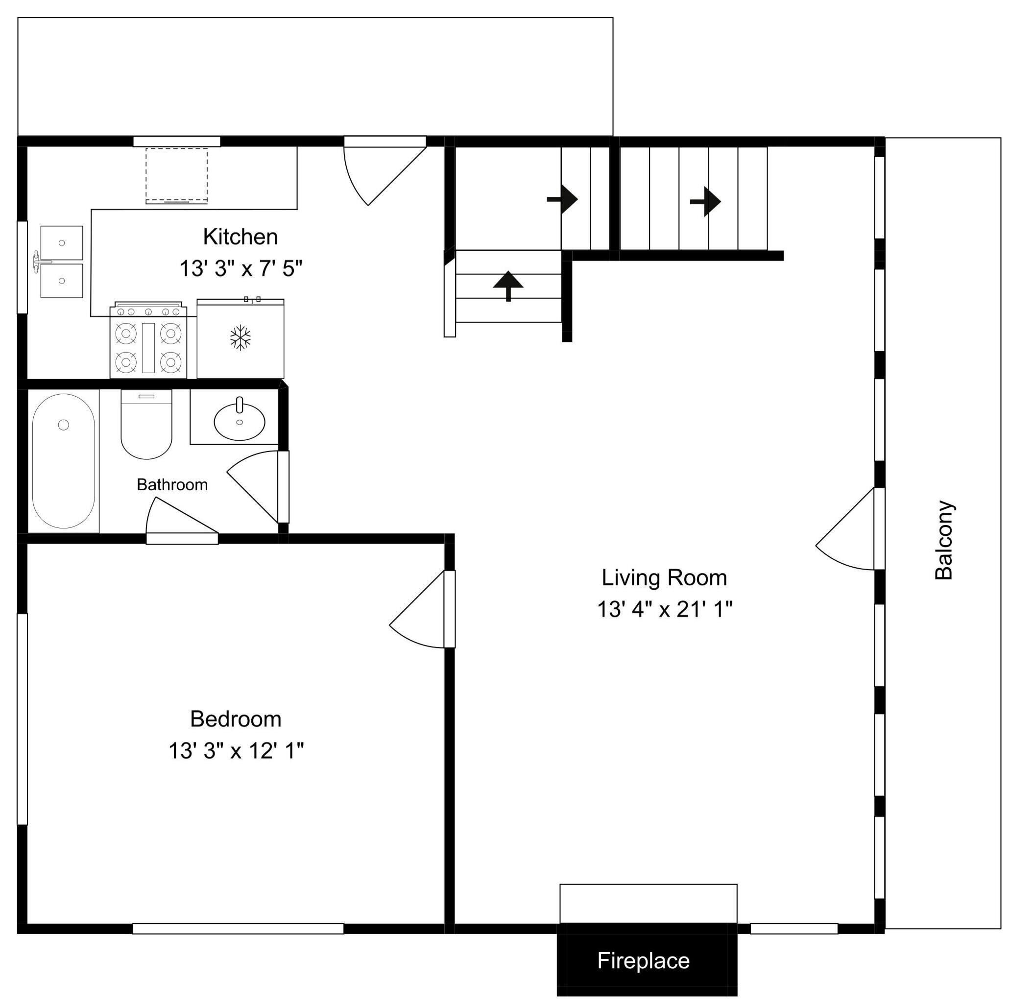 A floor plan with a kitchen, bathroom, living room, bedroom, and fireplace.