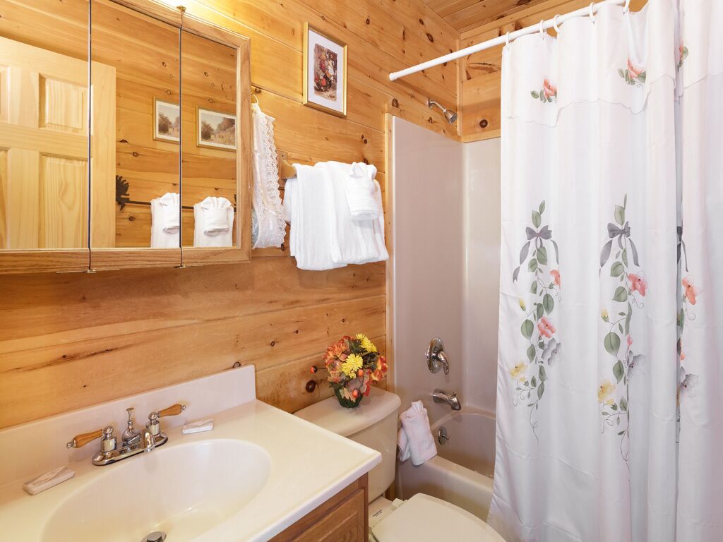 Un baño de cabaña de madera con un espejo grande, un lavabo, un inodoro y una ducha.