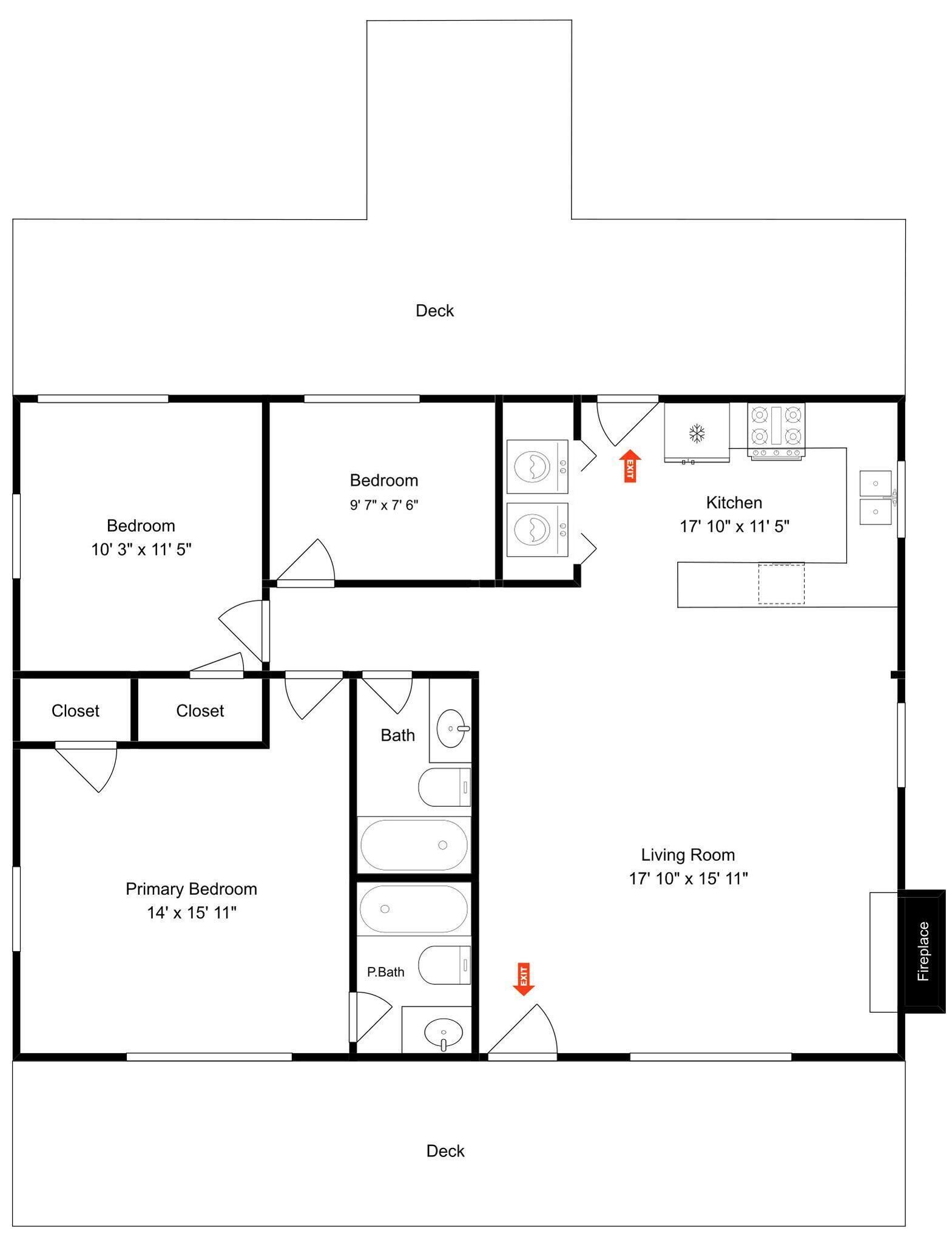 Un plan d’étage comprenant une chambre, un placard, une chambre principale, une salle de bain, une cuisine et un salon.