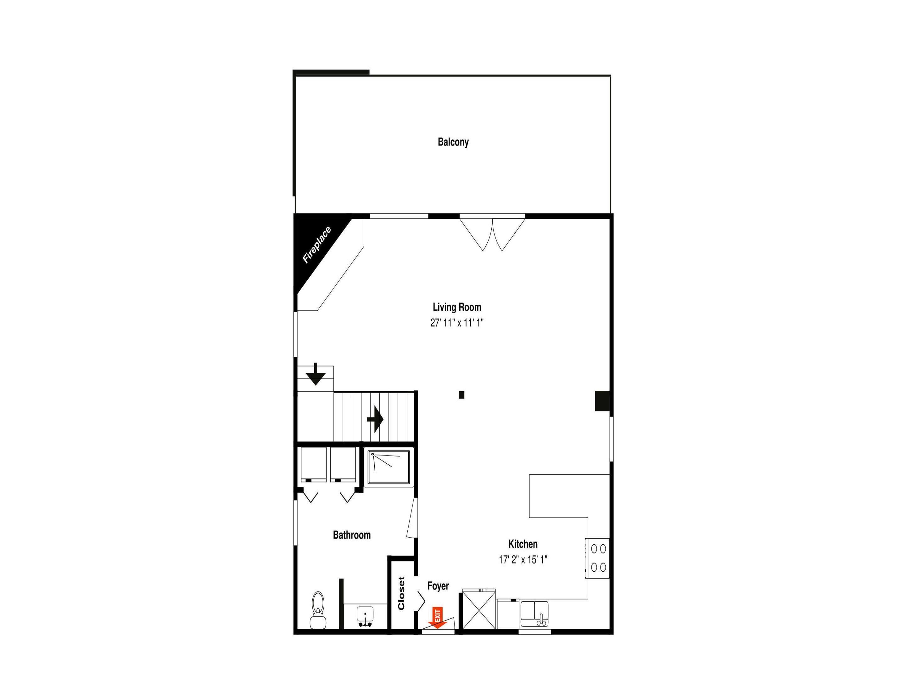 Plano de planta que muestra una sala de estar, cocina, baño y vestíbulo.