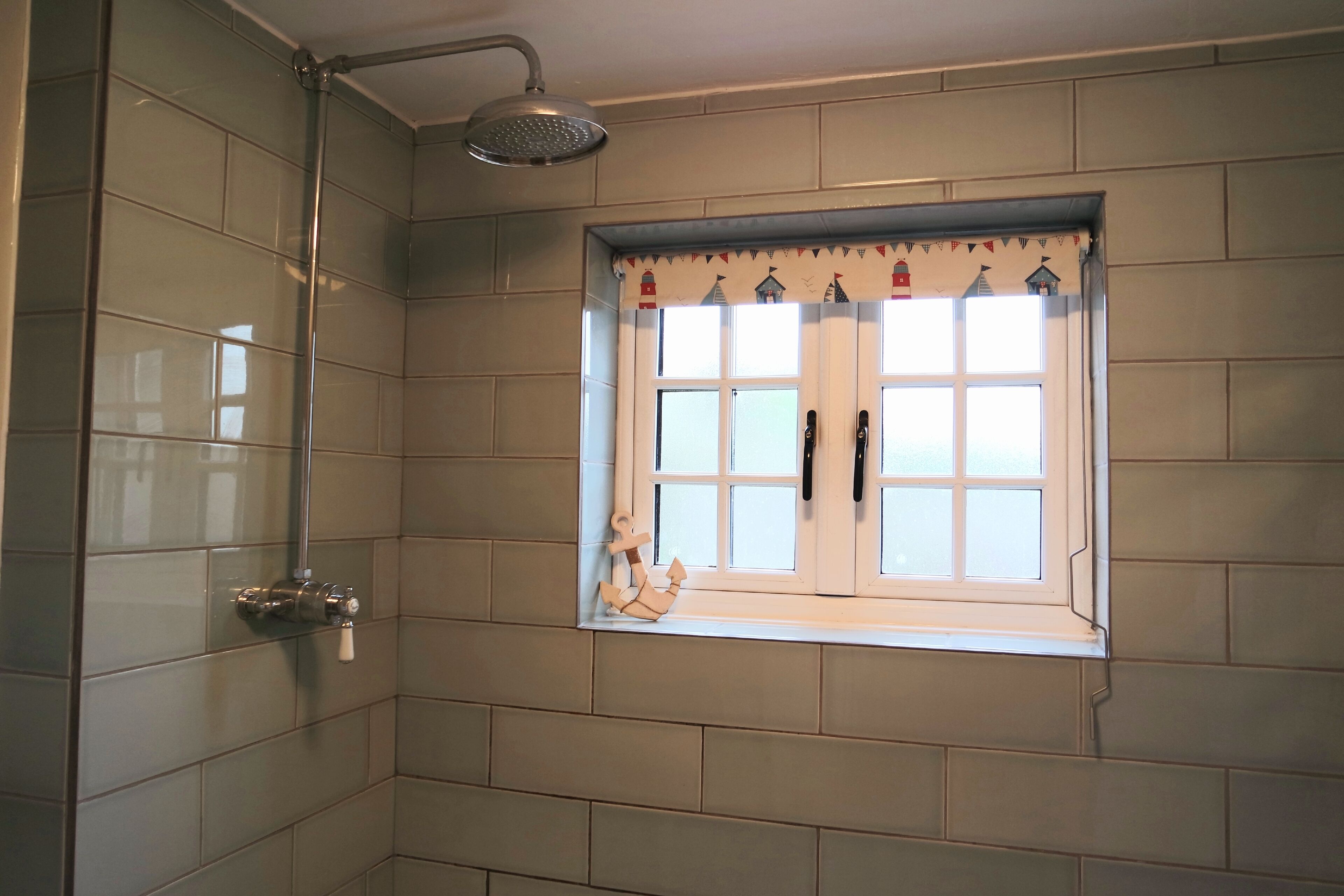 Une salle de bain avec une fenêtre, une pomme de douche et un porte-serviettes.