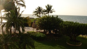 Un resort tropical con playa, palmeras y una estructura de techo de paja.