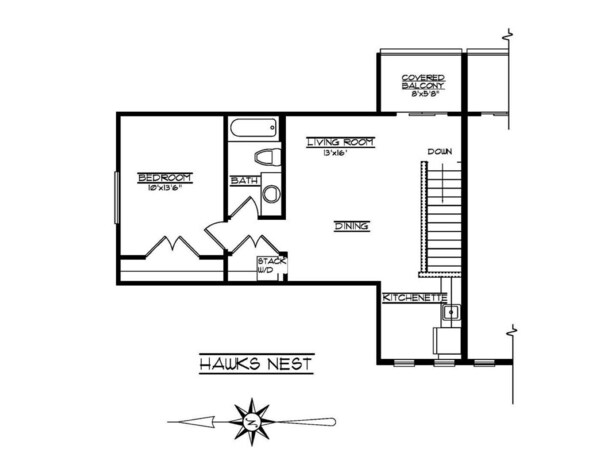 A floor plan of a Hawks Nest hotel room with a living room, bedroom, bathroom, dining area, covered balcony, and kitchenette. - Hawk Nest Apartment-Walk to downtown Dunedin & the water! POOL! (Dunedin)