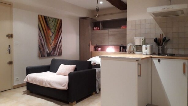 Un espacio habitable compacto con kitchenette, un sofá, un cuadro y un techo con vigas a la vista.