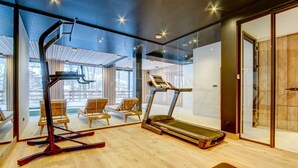 A modern gym with exercise equipment, wooden flooring, and large windows. - Nosefosa - Stunning new chalet with inside swimming pool (MORZINE)