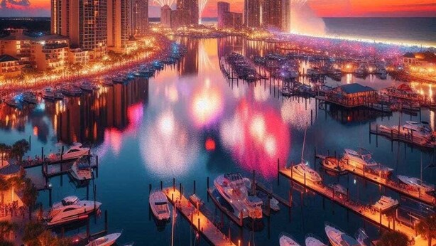 A marina with boats docked, a waterfront promenade, and buildings in the background. - Sea Breeze, Destin Studio, Pools, Beach (Destin)