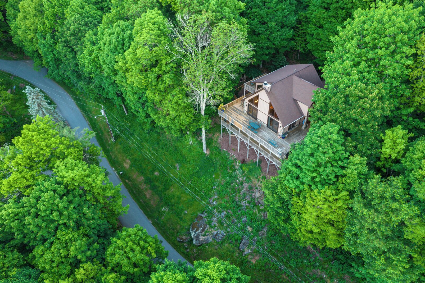 An aerial view of a house surrounded by dense green forest, with a visible road to the left.