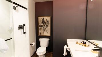 A modern bathroom with a glass shower enclosure, a white toilet, and a sink with a vanity.