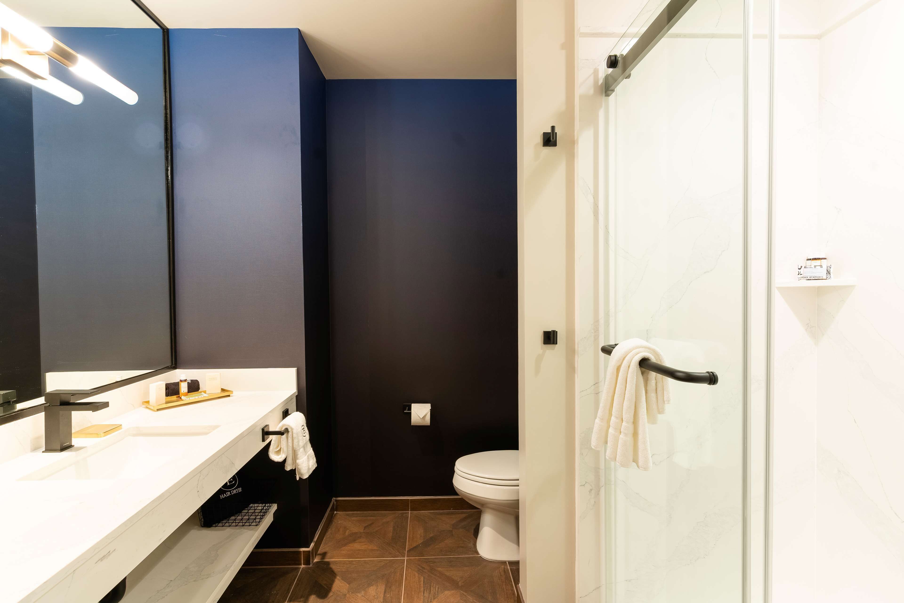 A modern bathroom with a white sink, dark blue walls, a white toilet, and a glass shower enclosure.
