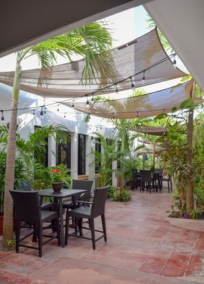 Un área de patio al aire libre con mesas y sillas, rodeada de plantas en macetas y palmeras.