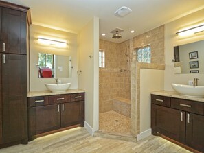Bathtub, towels, soap, shampoo