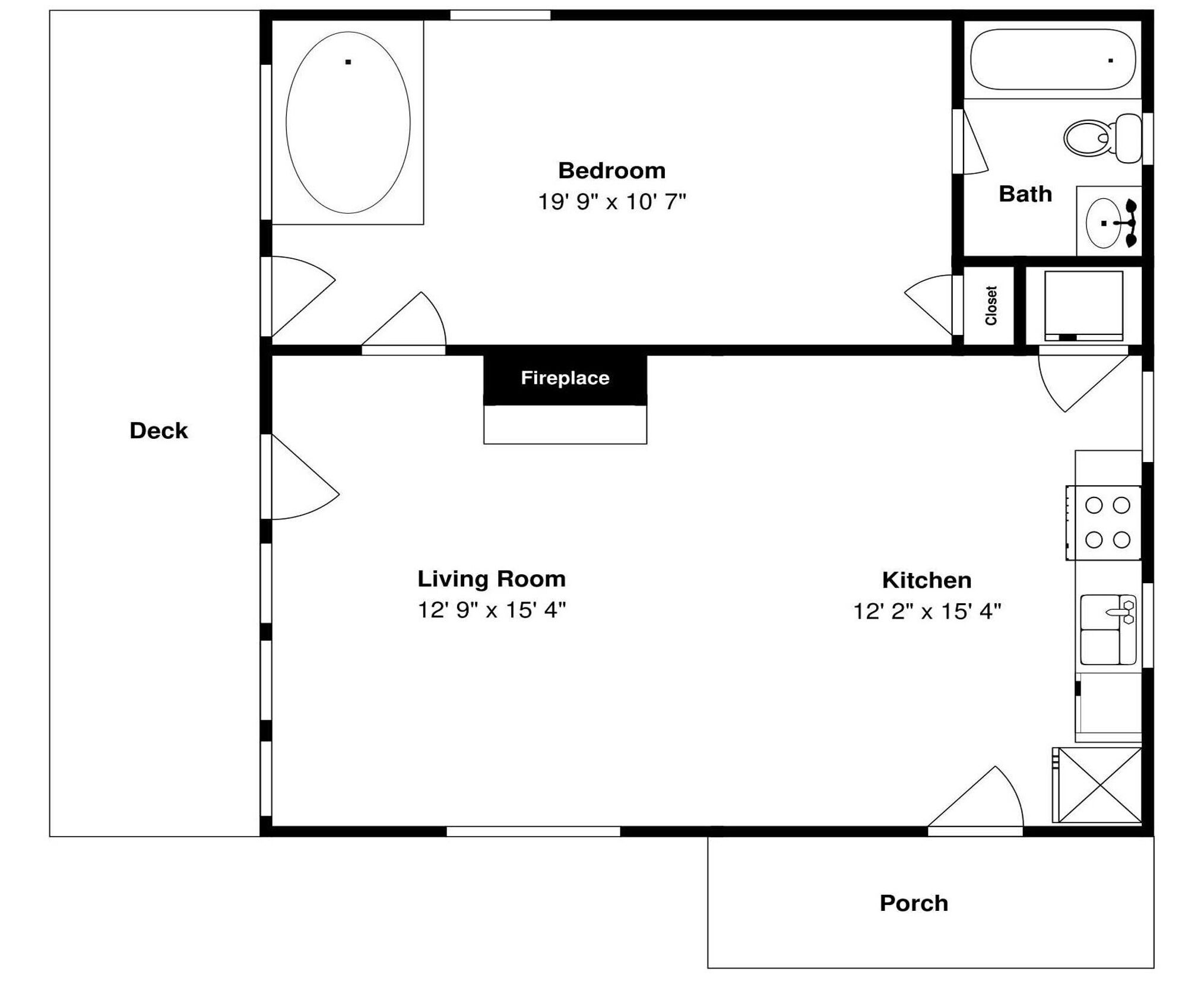A floor plan of a house with a deck, living room, kitchen, bathroom, bedroom, and porch.