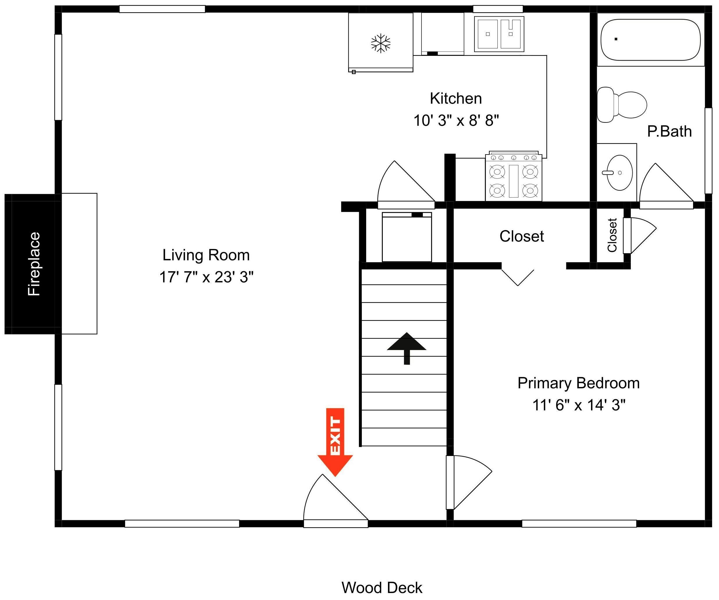 Een plattegrond toont een woonkamer, keuken, gastenbadkamer, kast en hoofdslaapkamer.