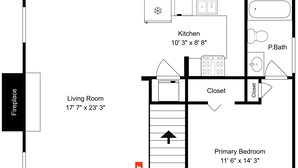 Planta baixa com sala de estar, cozinha, banheiro de serviço, armário e quarto principal.
