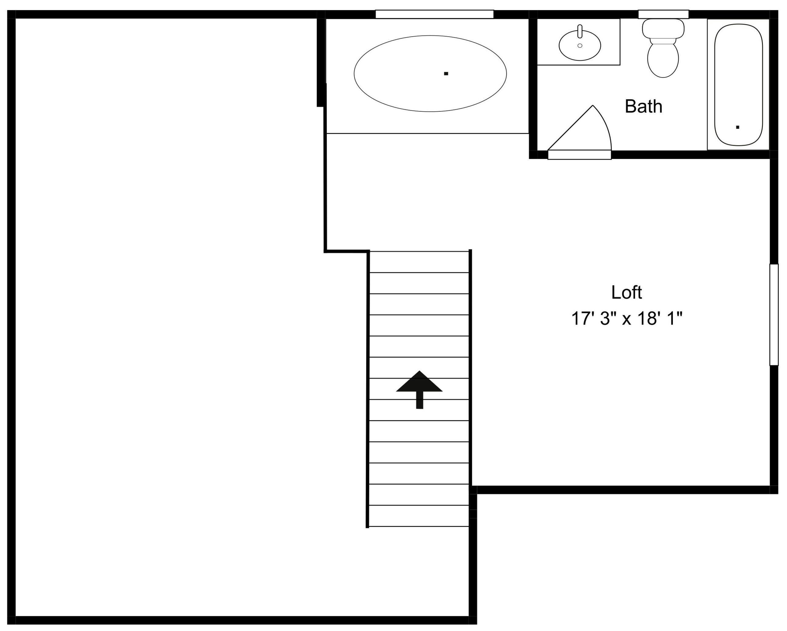 A floor plan of a loft with a bathroom, including a toilet, sink, and bathtub.