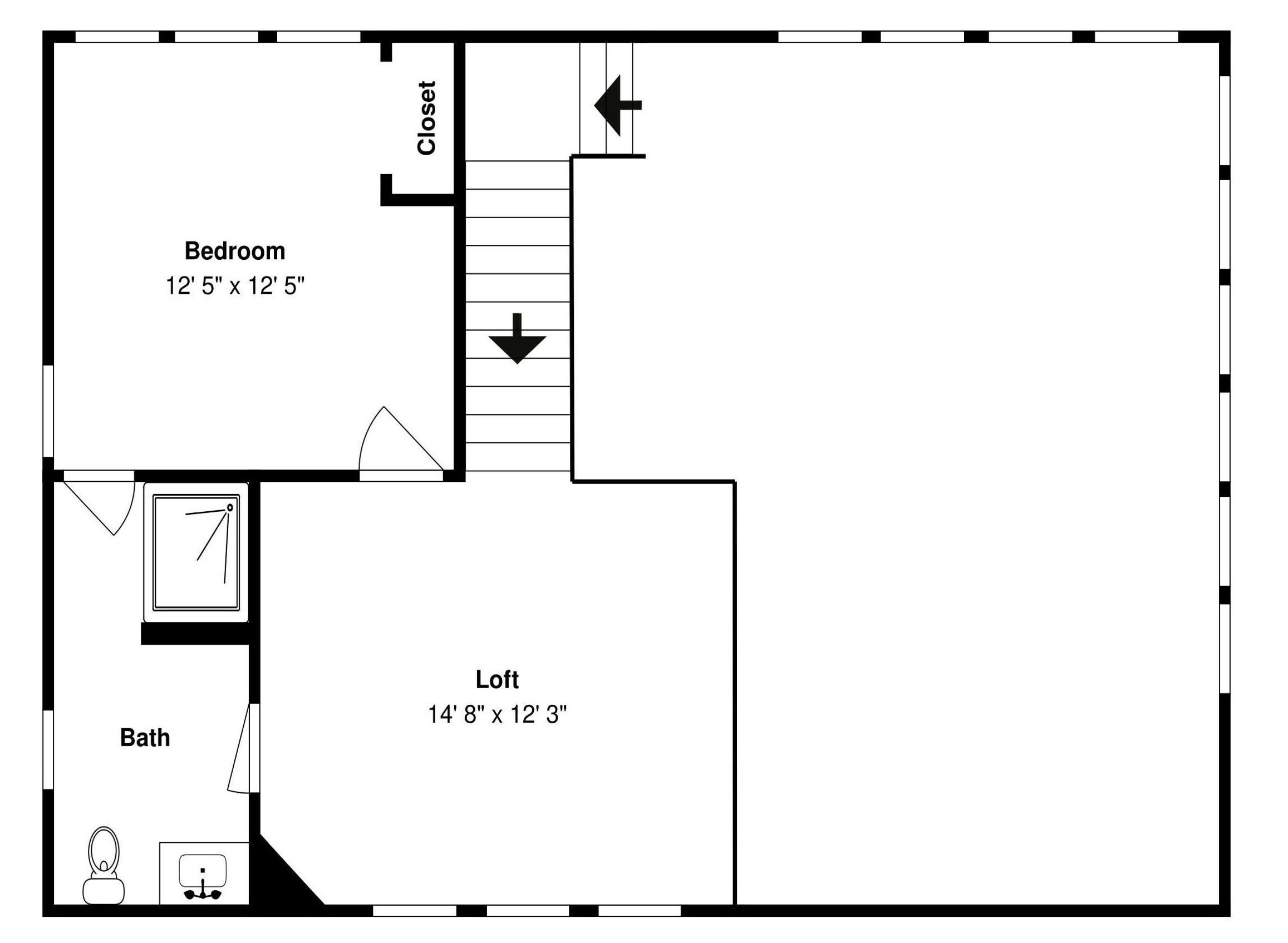 Un plan d’étage comprenant une chambre, une mezzanine et une salle de bain.