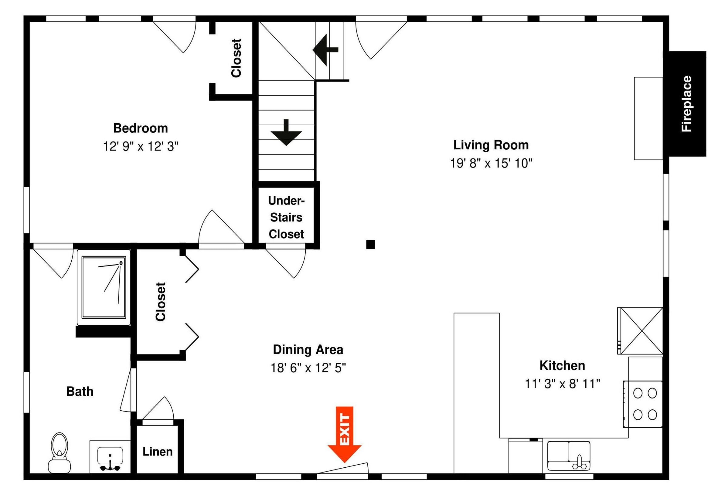 A floor plan with a bedroom, living room, dining area, kitchen, bathroom, and closet.