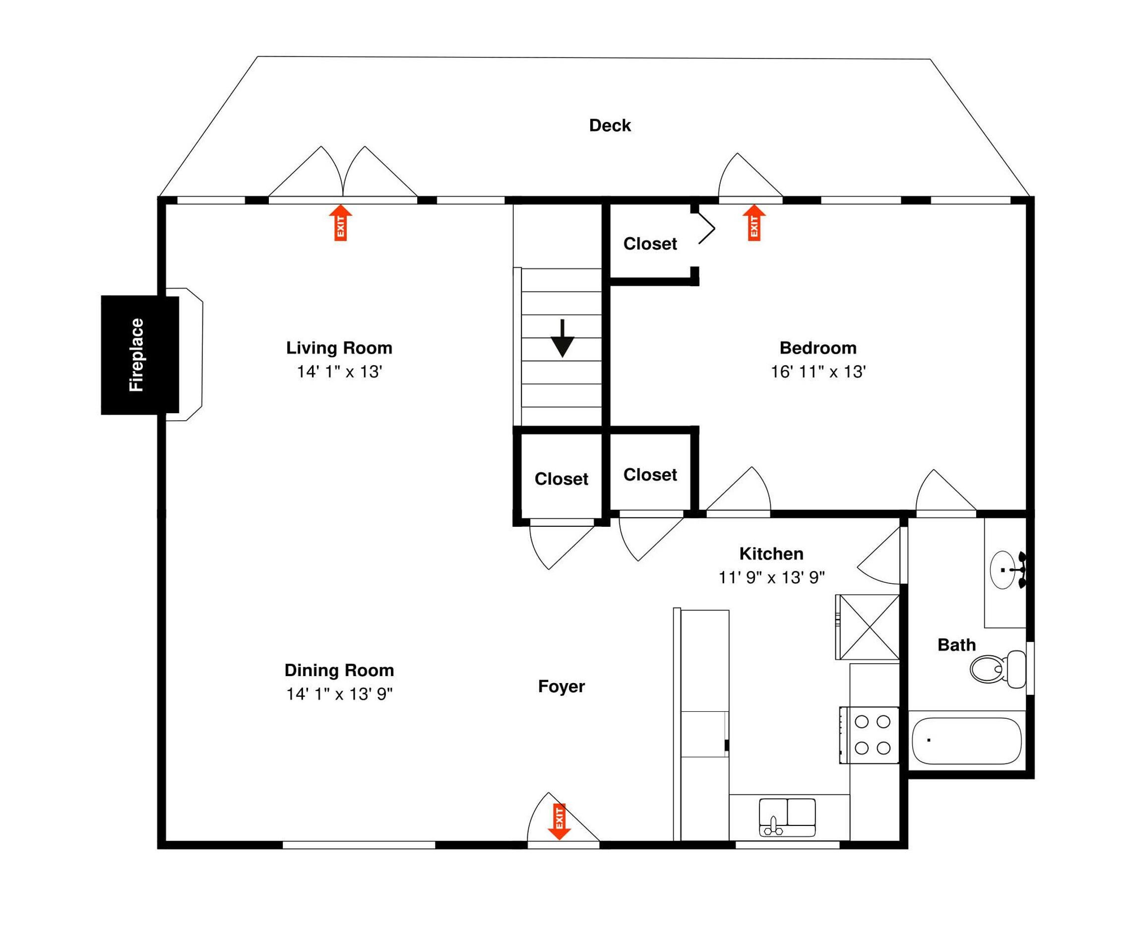 A floor plan of a house with a fireplace, living room, dining room, kitchen, bedroom, and two closets.