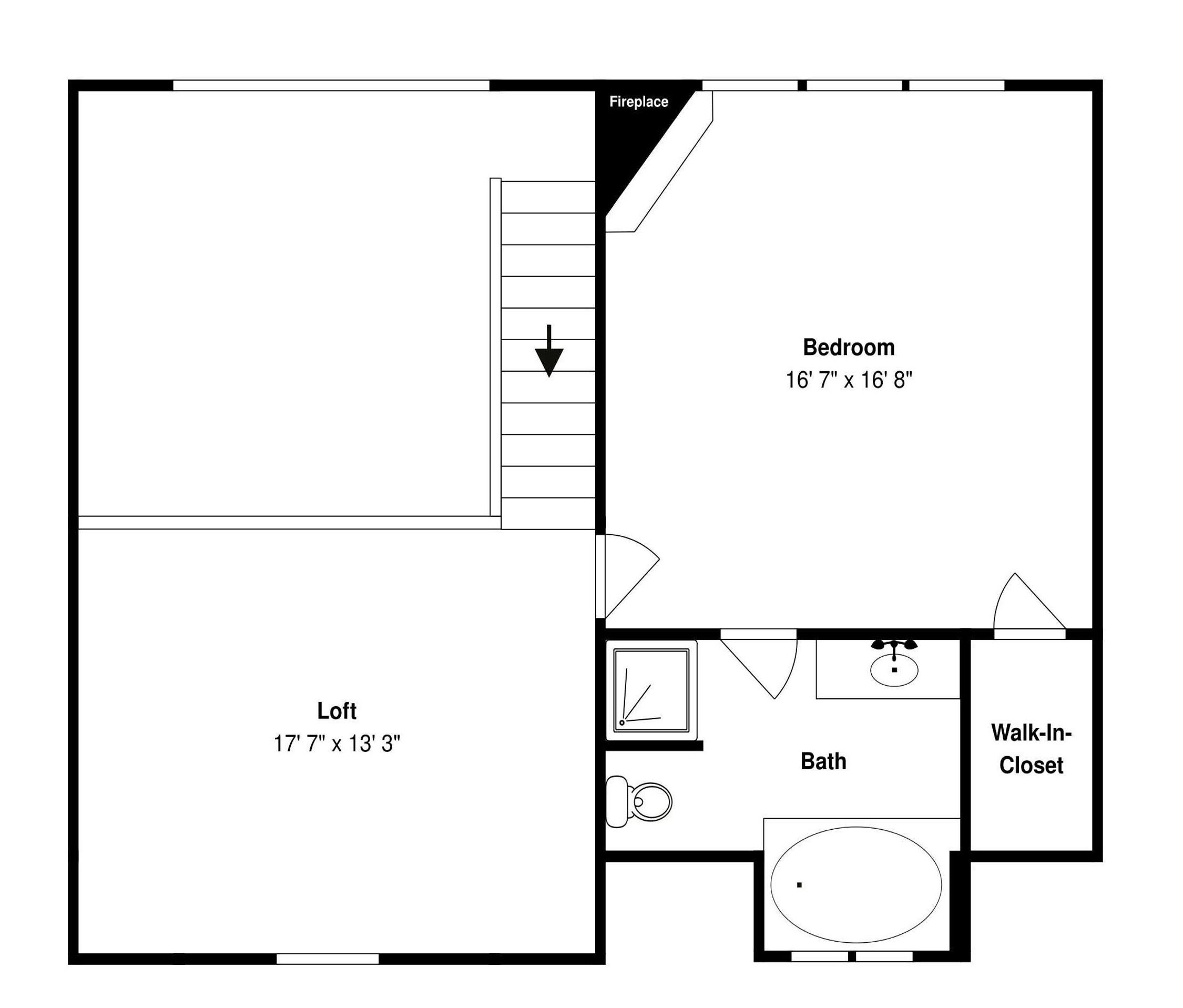 A floor plan with a bedroom measuring 16'7" x 16'8", a loft space measuring 17'7" x 13'3", a bathroom, and a walk-in closet.