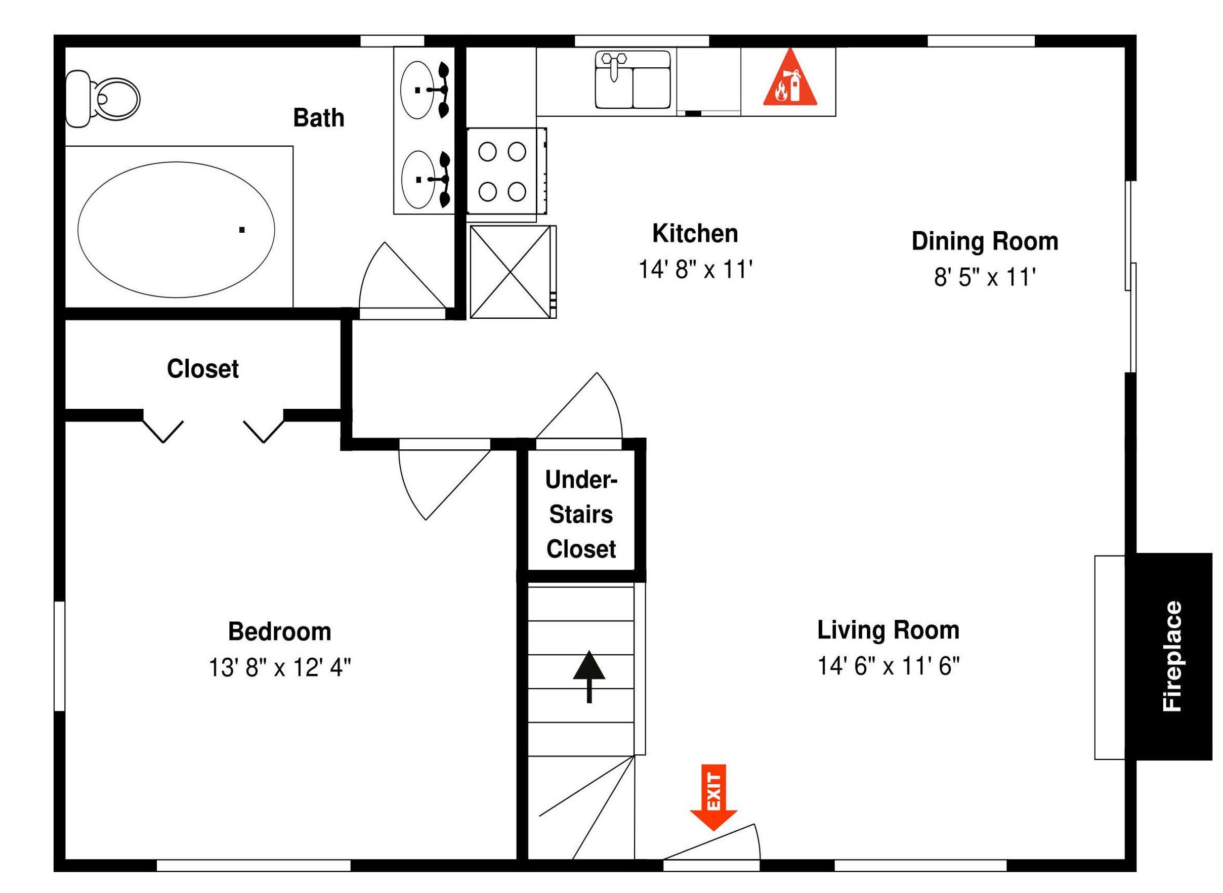 Plano de planta de una casa que incluye un baño, cocina, comedor, dormitorio, sala de estar, un armario debajo de la escalera y una chimenea.
