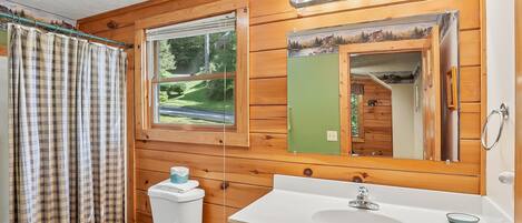 A wooden cabin bathroom with a toilet, sink, and mirror.
