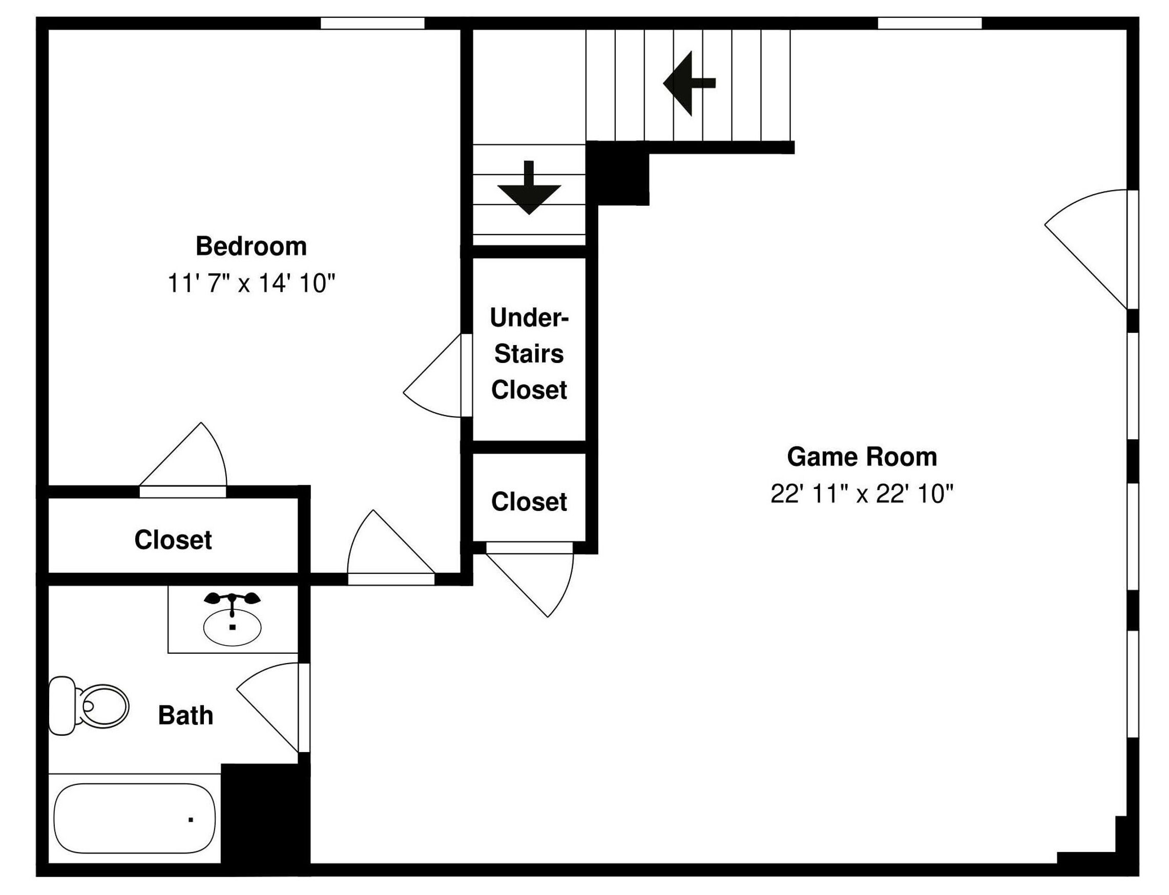 Ein Grundriss mit einem Schlafzimmer, zwei Abstellkammern, einem Spielzimmer, einem Badezimmer und einem Vorratsschrank unter der Treppe.