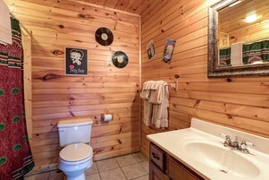 Un baño con paneles de madera, un inodoro, un lavamanos y dos discos de vinilo en la pared.