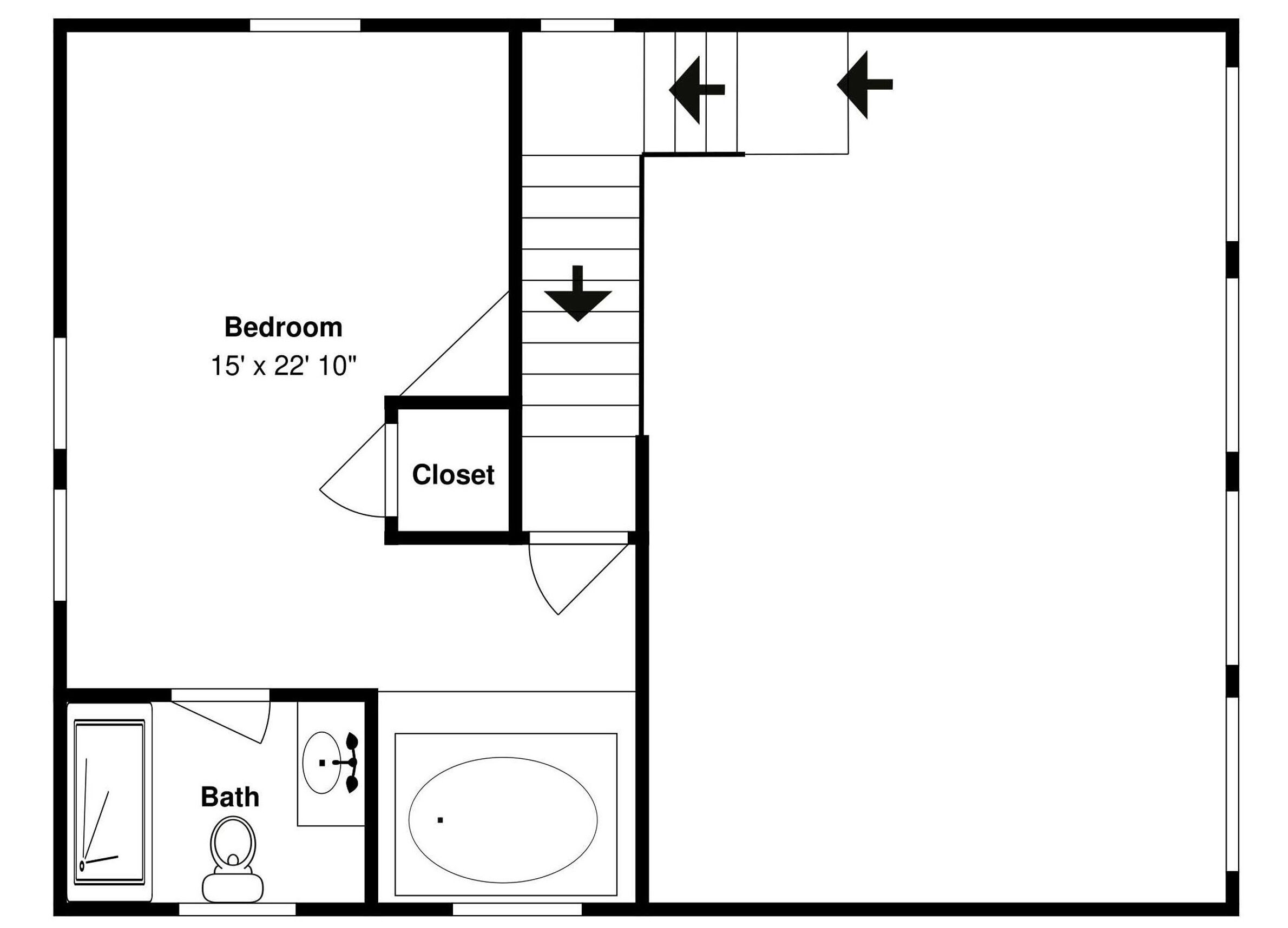 Een slaapkamer van 15 bij 22 voet en 10 inch, met een kledingkast en een badkamer.