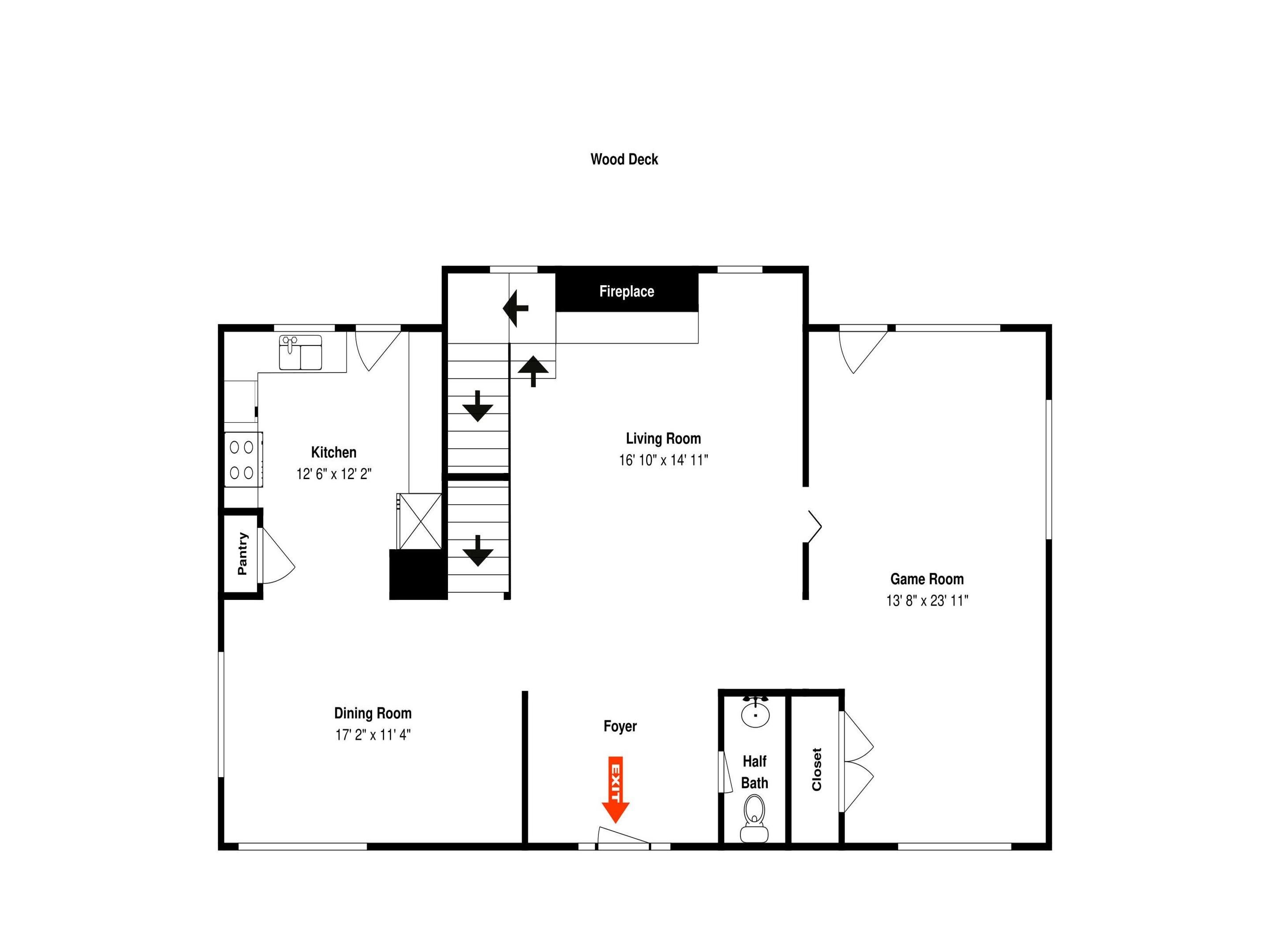 Planta baixa de uma casa com deck de madeira, cozinha, sala de jantar, sala de estar, sala de jogos, despensa, hall de entrada, lavabo e armário.